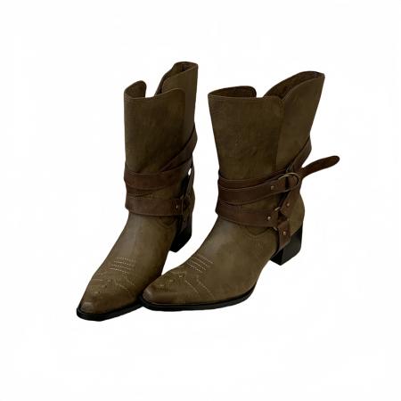 X-32877# 复古小众皮带扣短靴尖头套筒舒适粗跟靴子秋冬显瘦宽筒西部靴 鞋子批发女鞋批发货源