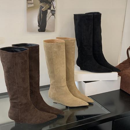 X-32878# 新款法式气质尖头高筒靴简约气质侧拉链直筒靴时尚通勤靴子女 鞋子批发女鞋批发货源