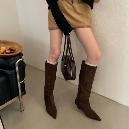 X-32878# 新款法式气质尖头高筒靴简约气质侧拉链直筒靴时尚通勤靴子女 鞋子批发女鞋批发货源