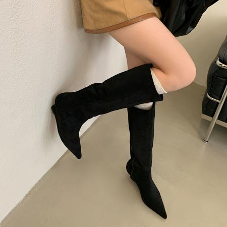 X-32878# 新款法式气质尖头高筒靴简约气质侧拉链直筒靴时尚通勤靴子女 鞋子批发女鞋批发货源