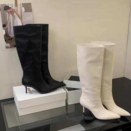 X-32881# 欧美风时尚尖头高筒靴简约百搭宽筒靴子女优雅气质高跟不过膝长靴 鞋子批发女鞋批发货源