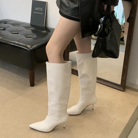 X-32881# 欧美风时尚尖头高筒靴简约百搭宽筒靴子女优雅气质高跟不过膝长靴 鞋子批发女鞋批发货源