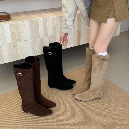 X-32882# 秋冬新款气质百搭平底靴子时尚韩版圆头金属扣套筒纯色高筒靴 鞋子批发女鞋批发货源