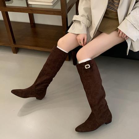 X-32882# 秋冬新款气质百搭平底靴子时尚韩版圆头金属扣套筒纯色高筒靴 鞋子批发女鞋批发货源