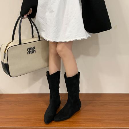 X-32883# 秋冬高品质手工堆堆靴尖头套筒平底牛仔靴纯色百搭绒面中筒靴 鞋子批发女鞋批发货源