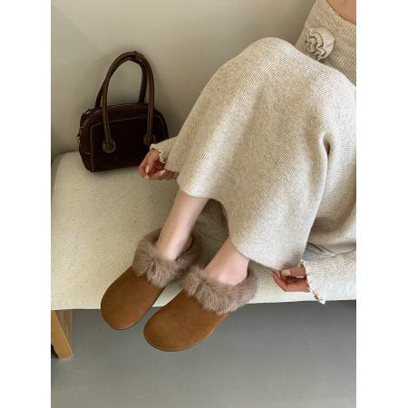 X-32884# 真皮版秋冬复古磨砂皮厚底外穿包头毛毛鞋兔毛加绒保暖半拖鞋 鞋子批发女鞋批发货源