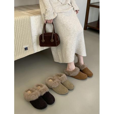 X-32884# 真皮版秋冬复古磨砂皮厚底外穿包头毛毛鞋兔毛加绒保暖半拖鞋 鞋子批发女鞋批发货源