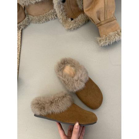 X-32884# 真皮版秋冬复古磨砂皮厚底外穿包头毛毛鞋兔毛加绒保暖半拖鞋 鞋子批发女鞋批发货源