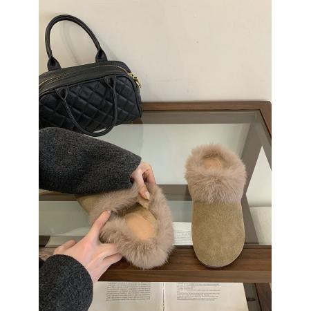 X-32884# 真皮版秋冬复古磨砂皮厚底外穿包头毛毛鞋兔毛加绒保暖半拖鞋 鞋子批发女鞋批发货源