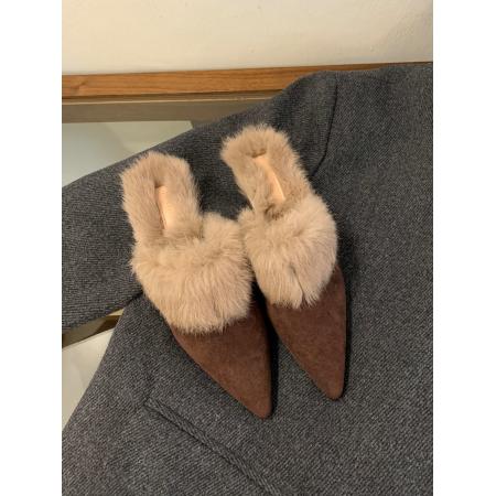 X-32885# 秋冬新款小猫跟尖头毛毛半拖鞋外穿包头真毛小矮跟穆勒包头拖 鞋子批发女鞋批发货源