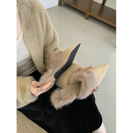 X-32885# 秋冬新款小猫跟尖头毛毛半拖鞋外穿包头真毛小矮跟穆勒包头拖 鞋子批发女鞋批发货源