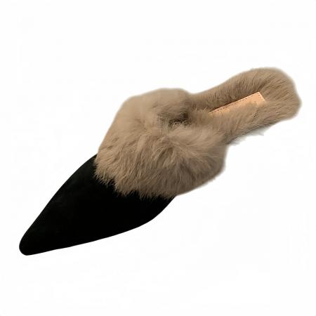 X-32885# 秋冬新款小猫跟尖头毛毛半拖鞋外穿包头真毛小矮跟穆勒包头拖 鞋子批发女鞋批发货源