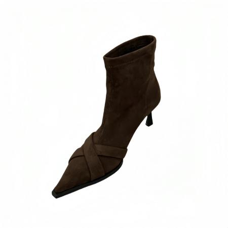 X-32886# 美拉德色系复古高跟套脚绒面短靴秋冬细跟绒面弹力瘦瘦靴 鞋子批发女鞋批发货源