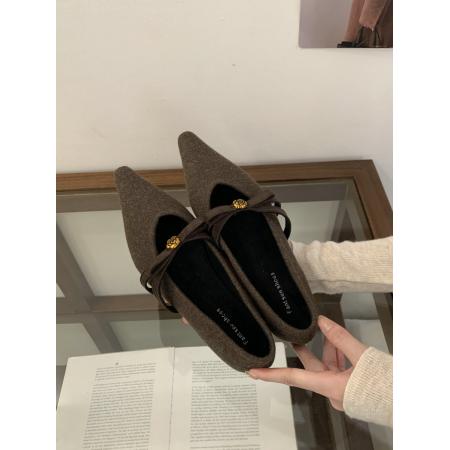 X-32887# 复古灰色加绒毛妮子粗跟单鞋女鞋秋冬季气质蝴蝶结通勤小猫跟 鞋子批发女鞋批发货源