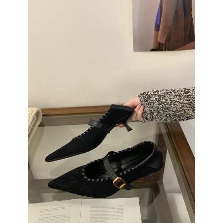 X-32888# 法式绒面拼接气质单鞋女秋季新款百搭细跟尖头一字扣高跟鞋 鞋子批发女鞋批发货源