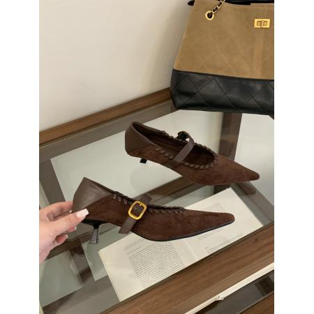 X-32888# 法式绒面拼接气质单鞋女秋季新款百搭细跟尖头一字扣高跟鞋 鞋子批发女鞋批发货源