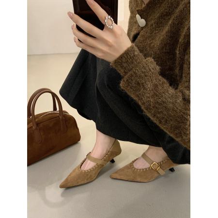 X-32888# 法式绒面拼接气质单鞋女秋季新款百搭细跟尖头一字扣高跟鞋 鞋子批发女鞋批发货源