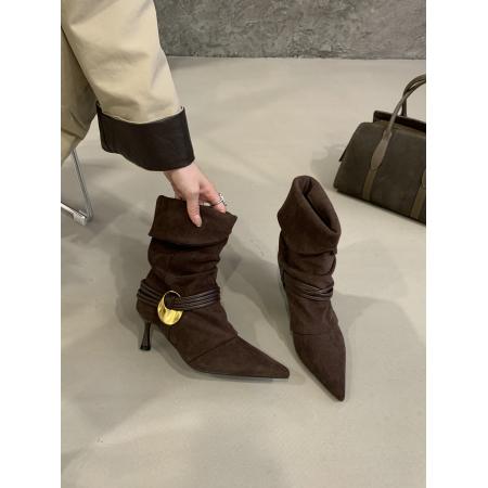 X-32889# 复古尖头时装靴女秋冬款美拉德西部牛仔靴绒面褶皱小众瘦瘦靴 鞋子批发女鞋批发货源