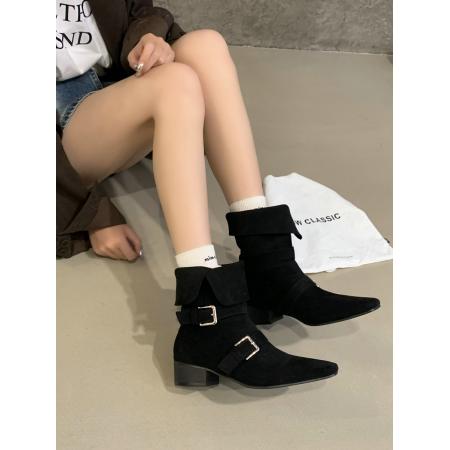 X-32890# 法式小众设计感中筒靴复古西部靴厚底粗跟短靴可翻折骑士靴 鞋子批发女鞋批发货源