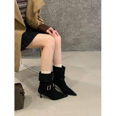 X-32891# 两穿秋冬新款尖头细跟高跟靴西部牛仔靴绒面金属扣短靴中筒靴 鞋子批发女鞋批发货源