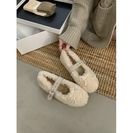 X-32892# 美呆毛毛鞋女新款蝴蝶结平底加厚玛丽珍加绒保暖羊羔毛单鞋 鞋子批发女鞋批发货源