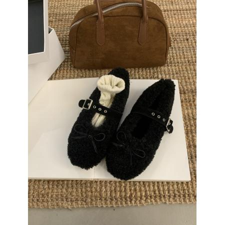 X-32892# 美呆毛毛鞋女新款蝴蝶结平底加厚玛丽珍加绒保暖羊羔毛单鞋 鞋子批发女鞋批发货源