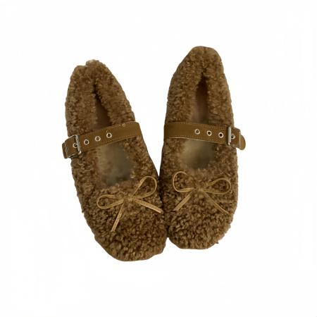 X-32892# 美呆毛毛鞋女新款蝴蝶结平底加厚玛丽珍加绒保暖羊羔毛单鞋 鞋子批发女鞋批发货源