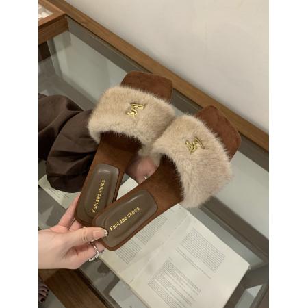 X-32893# 秋新款时尚百搭水貂毛搭扣性感粗跟毛毛拖鞋女外穿一字拖鞋 鞋子批发女鞋批发货源