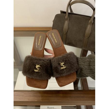 X-32893# 秋新款时尚百搭水貂毛搭扣性感粗跟毛毛拖鞋女外穿一字拖鞋 鞋子批发女鞋批发货源