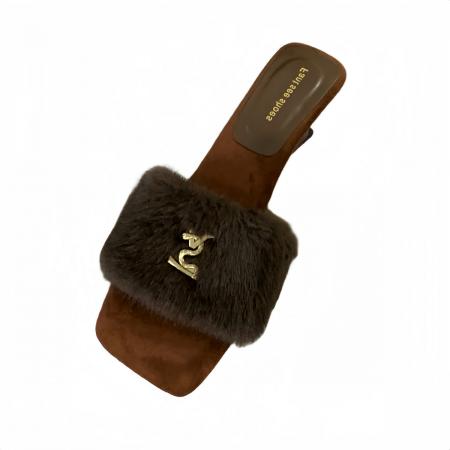 X-32893# 秋新款时尚百搭水貂毛搭扣性感粗跟毛毛拖鞋女外穿一字拖鞋 鞋子批发女鞋批发货源