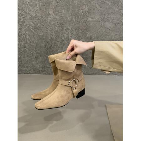 X-32895# 韩版小方头金属扣粗跟短靴女百搭时尚绒面西部靴中筒靴短靴 鞋子批发女鞋批发货源