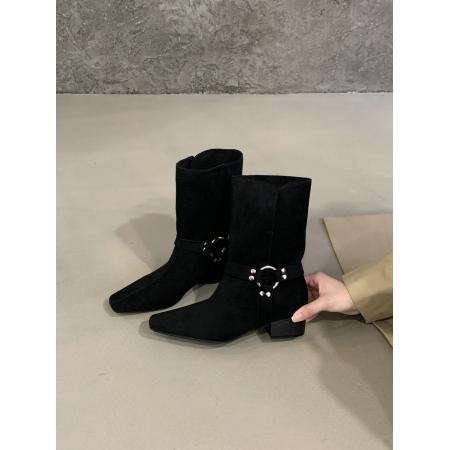 X-32895# 韩版小方头金属扣粗跟短靴女百搭时尚绒面西部靴中筒靴短靴 鞋子批发女鞋批发货源