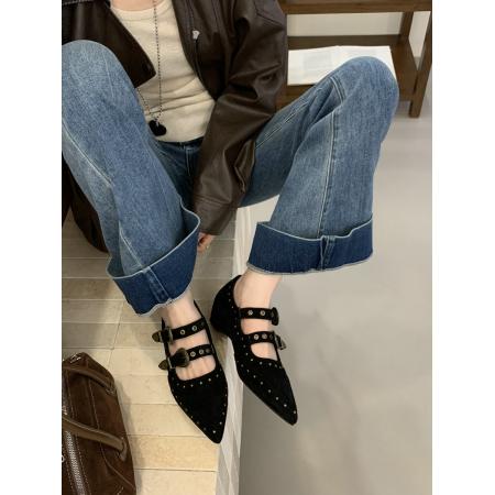 X-32897# 内增高复古铆钉浅口单鞋女新款皮带扣欧美尖头气质玛丽珍女鞋 鞋子批发女鞋批发货源
