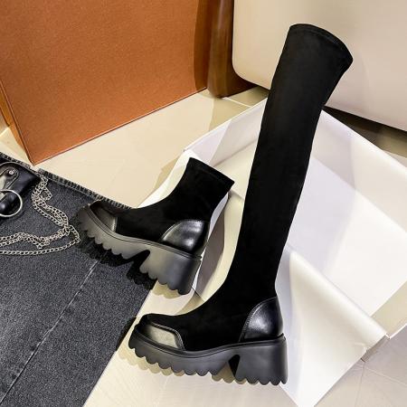 X-32899# 松糕底过膝长靴女小个子增高长筒靴厚底绒面弹力靴超高筒骑士靴瘦 鞋子批发女鞋批发货源
