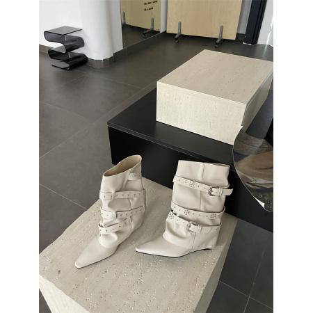 X-32902# 气质白色内增高短靴女尖头复古中筒靴增高显瘦小个子铆钉裤管靴 鞋子批发女鞋批发货源