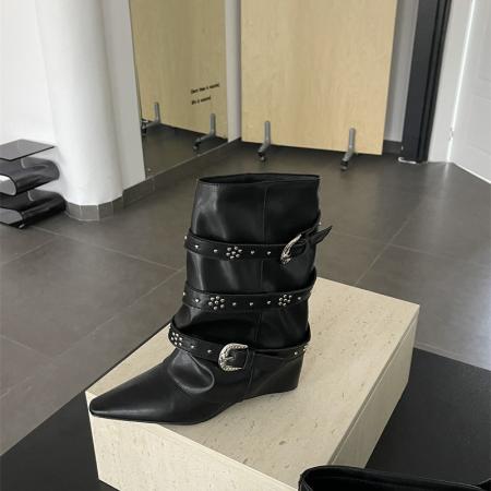 X-32902# 气质白色内增高短靴女尖头复古中筒靴增高显瘦小个子铆钉裤管靴 鞋子批发女鞋批发货源