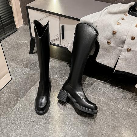 X-32903# 长靴女不过膝高跟厚底V口骑士靴粗跟高筒弹力瘦瘦靴小个子长筒靴 鞋子批发女鞋批发货源