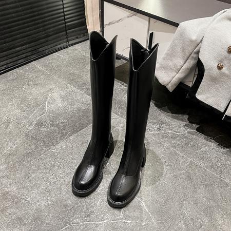 X-32903# 长靴女不过膝高跟厚底V口骑士靴粗跟高筒弹力瘦瘦靴小个子长筒靴 鞋子批发女鞋批发货源