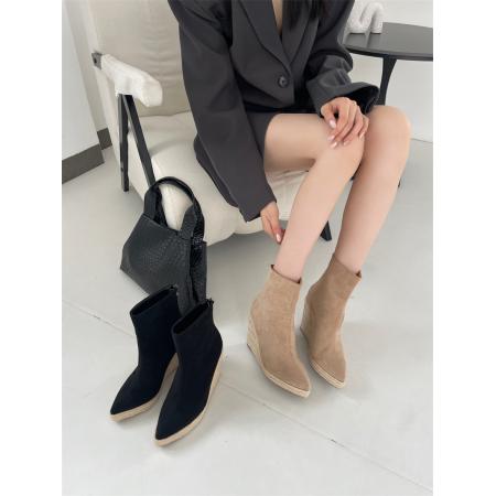 X-32904# 短靴子磨砂皮冬季新款侧拉链坡跟马丁靴时尚高跟草编女鞋 鞋子批发女鞋批发货源