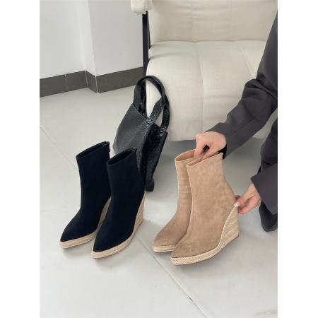 X-32904# 短靴子磨砂皮冬季新款侧拉链坡跟马丁靴时尚高跟草编女鞋 鞋子批发女鞋批发货源