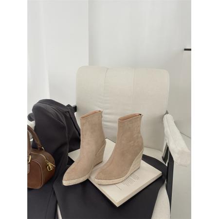 X-32904# 短靴子磨砂皮冬季新款侧拉链坡跟马丁靴时尚高跟草编女鞋 鞋子批发女鞋批发货源