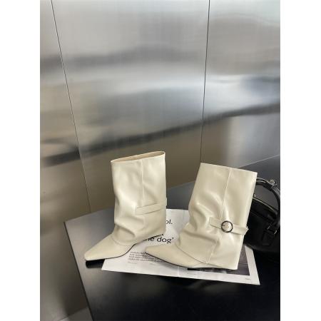 X-32905# 白色气质坡跟短靴女秋冬新款内增高中筒靴小个子复古裤管靴子 鞋子批发女鞋批发货源