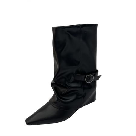 X-32905# 白色气质坡跟短靴女秋冬新款内增高中筒靴小个子复古裤管靴子 鞋子批发女鞋批发货源