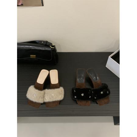 X-32924# 毛毛拖高跟坡跟条凉拖35-40码 鞋子批发女鞋批发货源