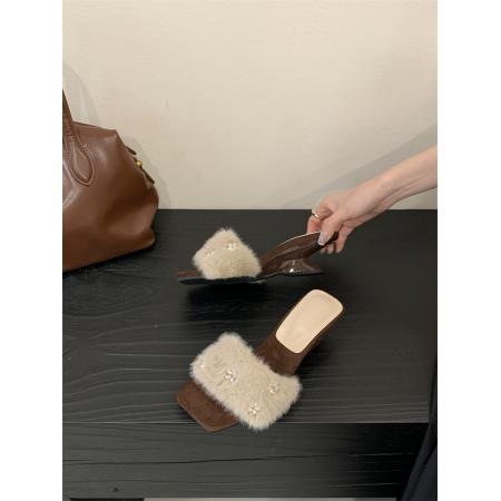 X-32924# 毛毛拖高跟坡跟条凉拖35-40码 鞋子批发女鞋批发货源