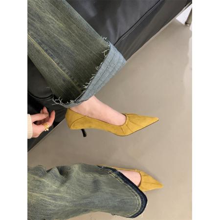 X-32925# 四季单鞋邹纹细跟尖头女秋鞋35-40码 鞋子批发女鞋批发货源