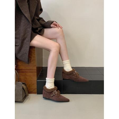 X-32928# 新款冬季内增高绒面尖头皮带扣坡跟加绒毛毛鞋女 鞋子批发女鞋批发货源