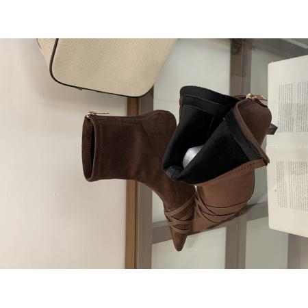 X-32929# 新款秋冬绒面尖头细跟中跟短靴女高跟时装靴百搭瘦瘦靴 鞋子批发女鞋批发货源