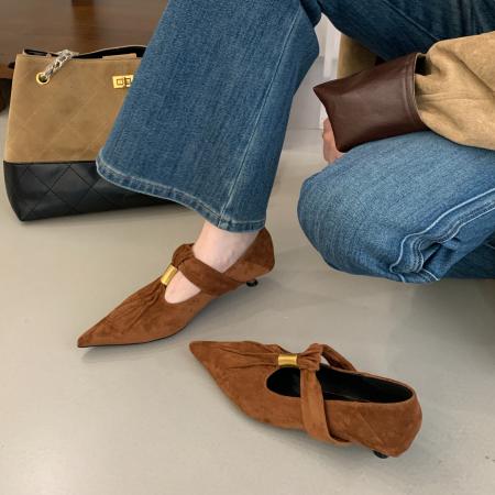 X-32930# 新款复古绒面浅口玛丽珍尖头单鞋时尚百搭软底小方头单鞋 鞋子批发女鞋批发货源