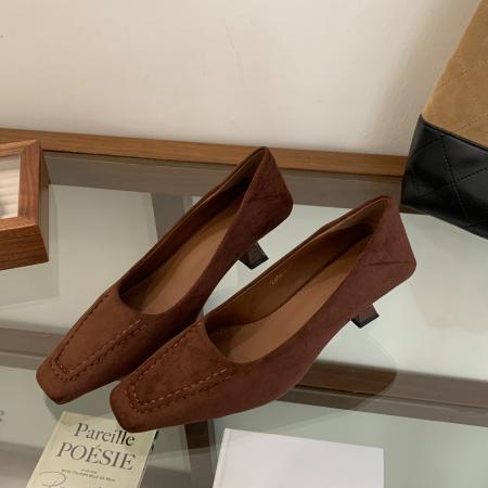 X-32931# 新款秋季时尚百搭气质复古方头绒面高跟舒适通勤单鞋女 鞋子批发女鞋批发货源